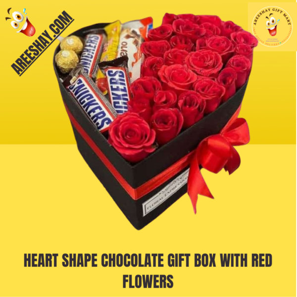 HEART SHAPE CHOCOLATE GIFT BOX WITH RED FLOWERS