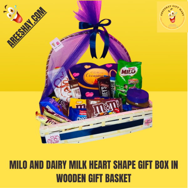 MILO AND DAIRY MILK HEART SHAPE GIFT BOX IN WOODEN GIFT BASKET