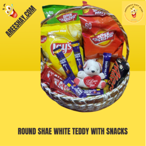 ROUND SHAPE GIFT BASKET WITH WHITE TEDDY WITH SNACKS