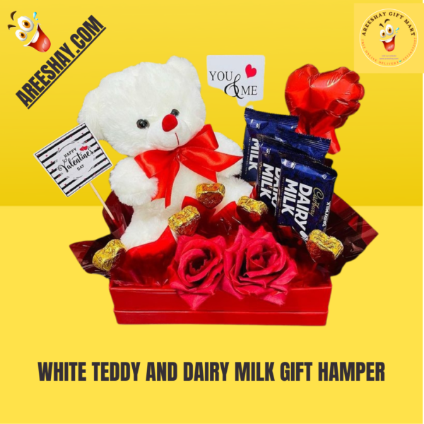 WHITE TEDDY AND DAIRY MILK GIFT HAMPER