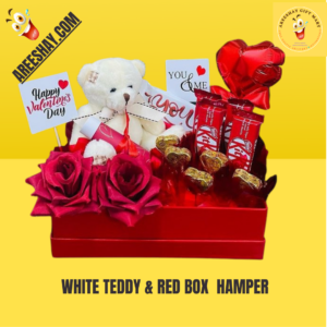 WHITE TEDDY & RED BOX HAMPER